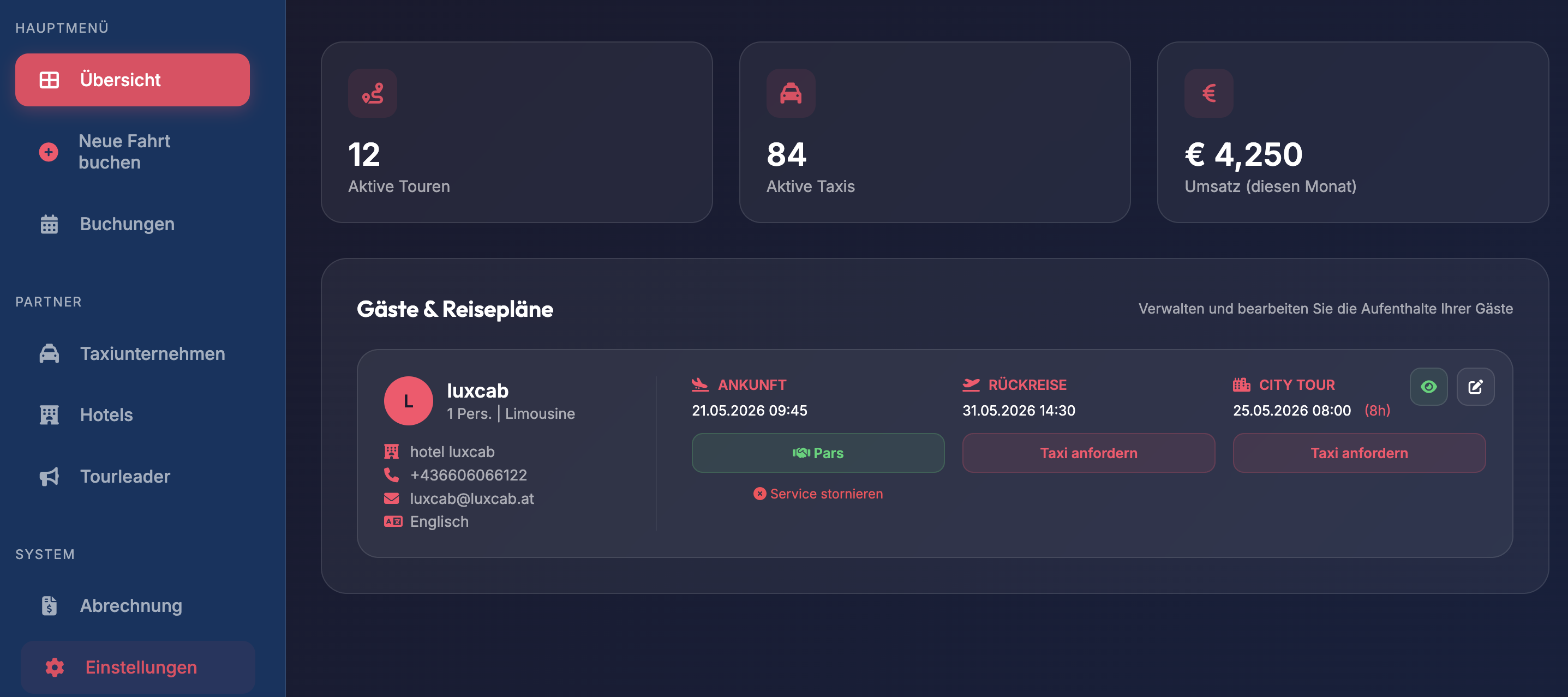 LuxCab Reisebüro Dashboard - Verwaltung von Gästefahrten und Transfers